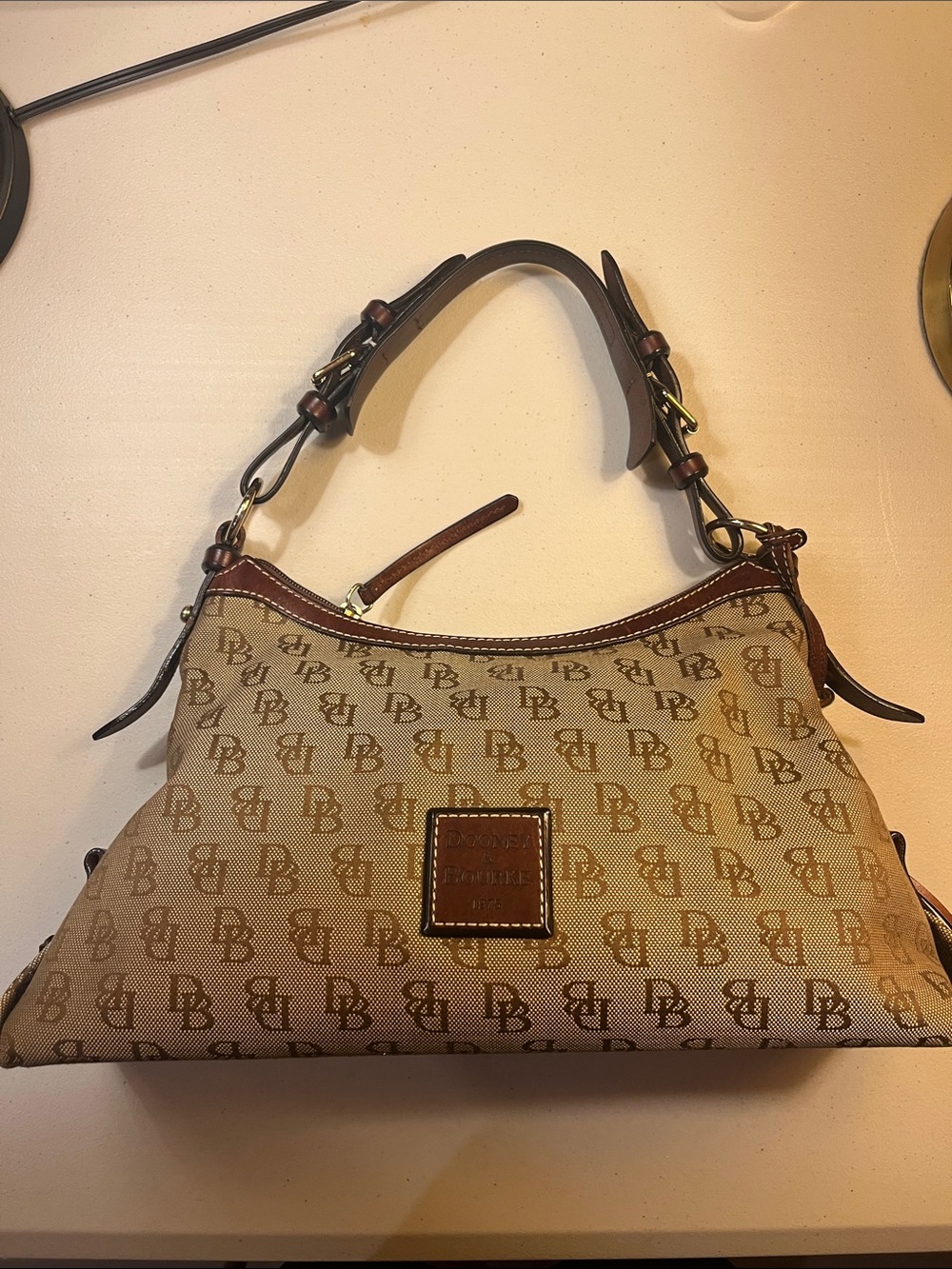 Dooney & Bourke Tan Canvas with Brown Leather Shoulder Bag